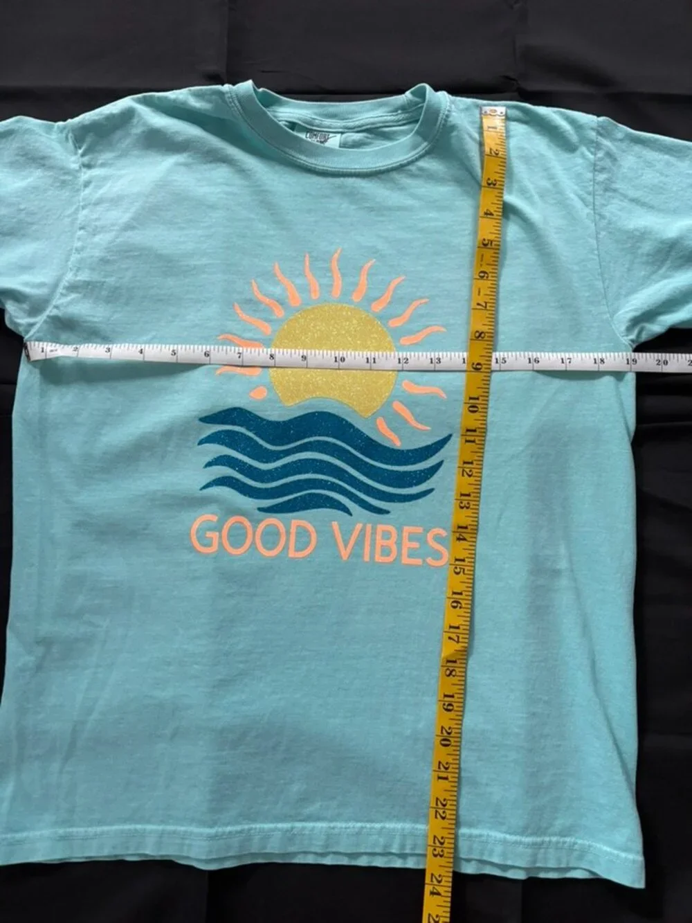 Glitter Good Vibes T-Shirt, Sun Over Ocean, Youth XL (fits like a Woman's Small)